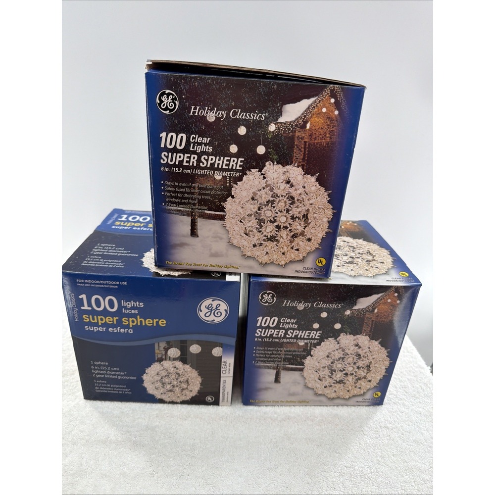 Set 3 GE Holiday Classics 100 Lights Super Sphere Ball Clear Indoor Outdoor 6" - Picture 6 of 7